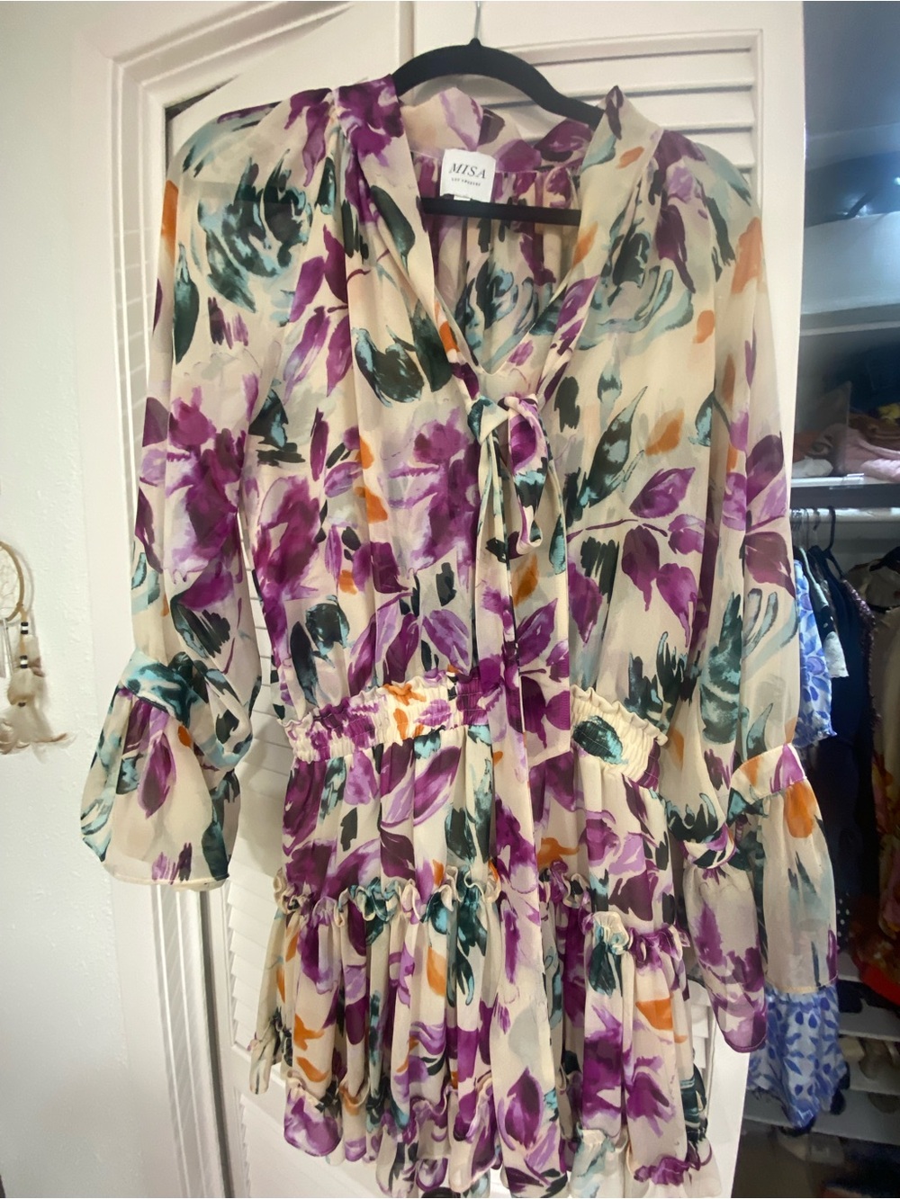Misa Los Angeles Floral Mini Dress in Cream, Purple, Teal & Orange